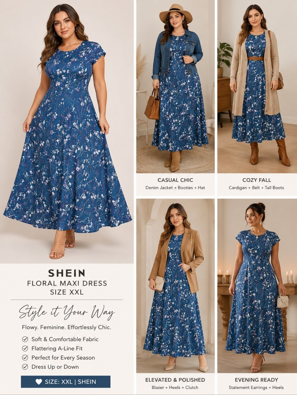 SHEIN Navy Blue Floral Maxi Dress XXL Boho Cottagecore A-Line Short Sleeve Flowy